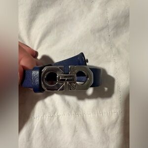 Salvatore Ferragamo Navy Blue Leather Gancini Bracelet with Silver Hardware